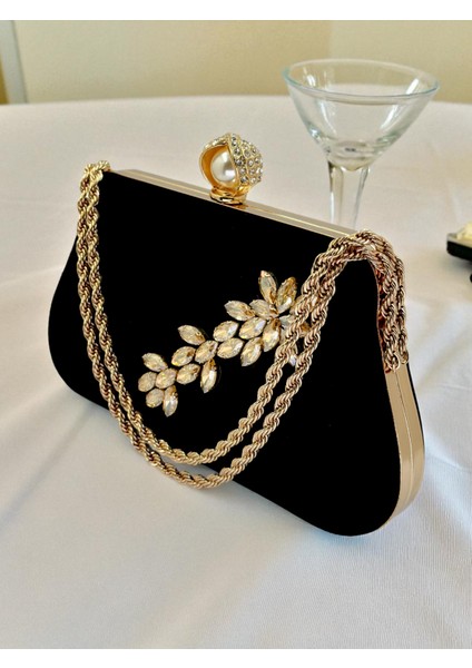 Siyah Süet Abiye Çanta: Inci ve Zincir Detaylı Kristal Gece Çantası modelleri