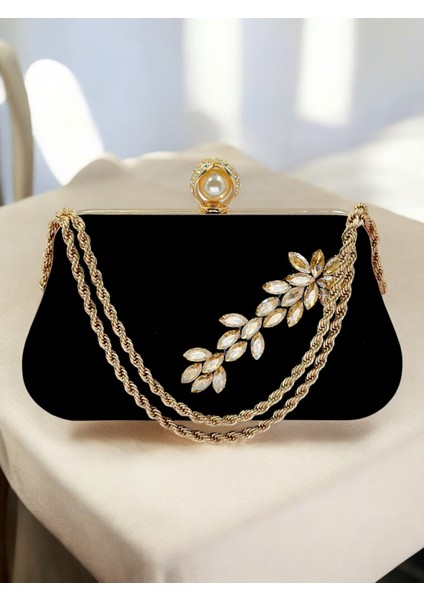 Siyah Süet Abiye Çanta: Inci ve Zincir Detaylı Kristal Gece Çantası indirimleri