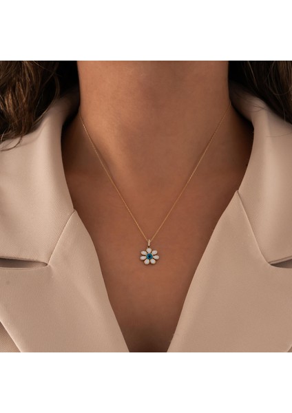 Nazar Boncuklu Papatya 14 Ayar Altın Kolye