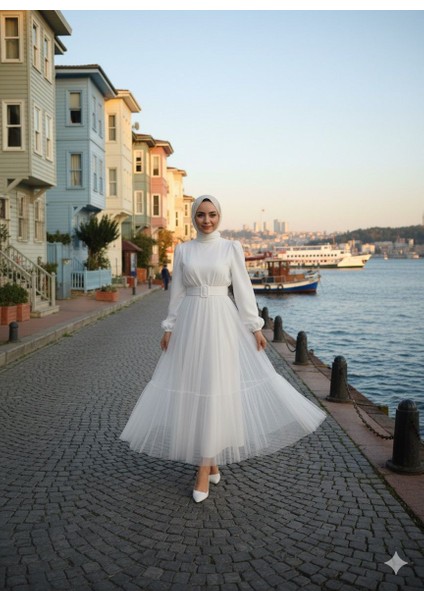 Tül Beyaz Tesettür Elbise