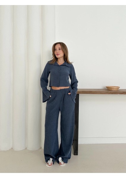 Gömlek Yaka Kaplama Düğmeli Takım Lacivert
