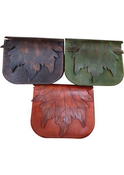 El Yapımı Hakiki Deri Akçaağaç Yaprağı Desenli Kadın Çapraz Çanta - El Boyaması Sonbahar Temalı Vintage Omuz Çantası fiyatları