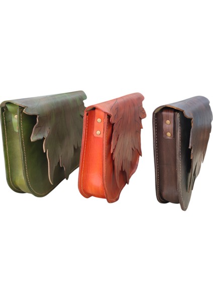 El Yapımı Hakiki Deri Akçaağaç Yaprağı Desenli Kadın Çapraz Çanta - El Boyaması Sonbahar Temalı Vintage Omuz Çantası modelleri