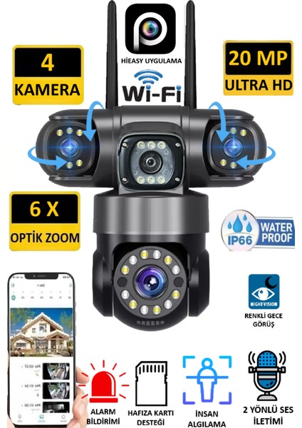 Pro 5904 20MP 4 Kameralı Akıllı WiFi Kamera 16X Zoom İnsan Takibi Çift Yönlü Ses Hieasy Türkçe