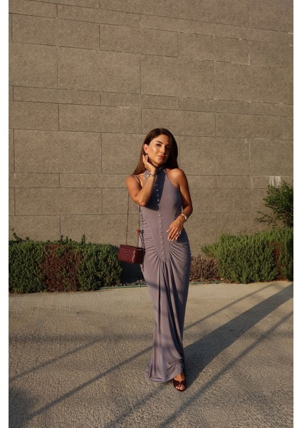 Düğme ve Drapeli Maxi Elbise