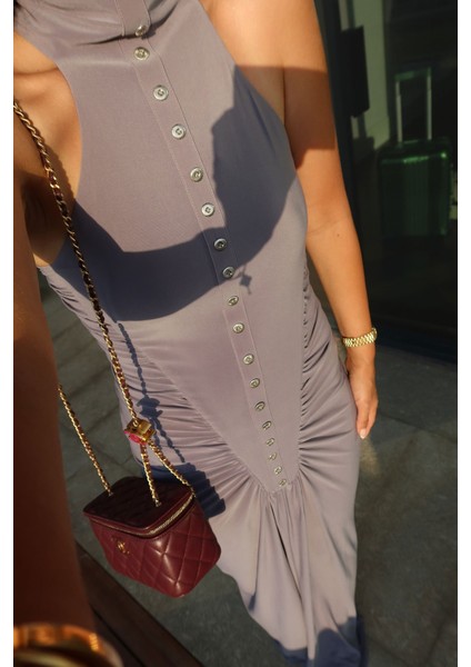 Düğme ve Drapeli Maxi Elbise fiyatları