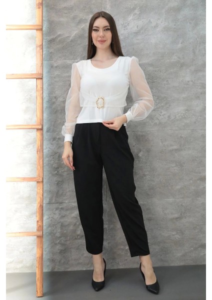 Tokalı Tül Kollu Bluz Beyaz modelleri