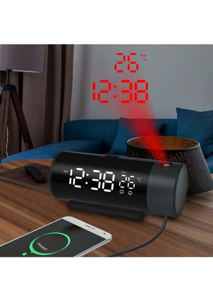 Projeksiyonlu Silindir USB Güç LED Ekran Çalar Saat Sıcaklık Çift Alarm