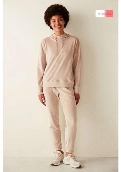 Bej Kapüşonlu Yumuşak Dokulu Kadife Eşofman Takımı