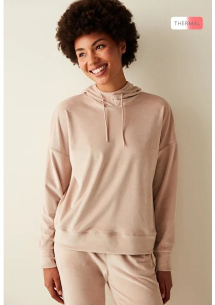 Bej Kapüşonlu Yumuşak Dokulu Kadife Eşofman Takımı fiyatları