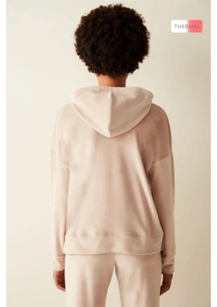 Bej Kapüşonlu Yumuşak Dokulu Kadife Eşofman Takımı modelleri