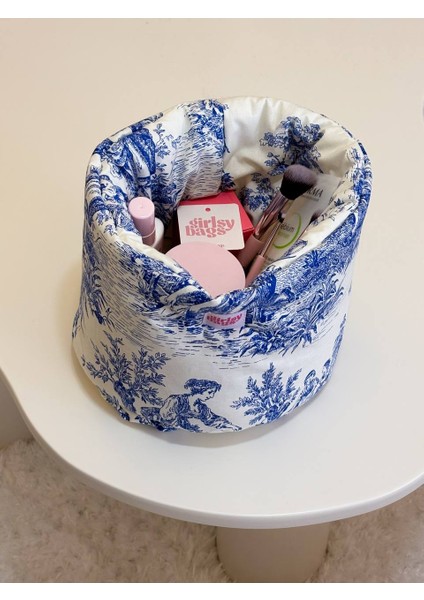 Mavi Fransız Büyük Organizer Sepet Dolap Içi Düzenleyici Makyaj Çantası Kumaş Organizer Çanta