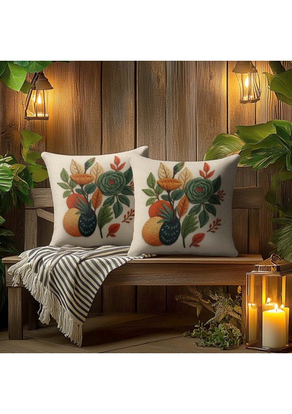 Nakış Desenli, Dijital Baskılı, Çift Taraflı Kırlent Kılıfı. 2'li Set Kırlent Kılıfı