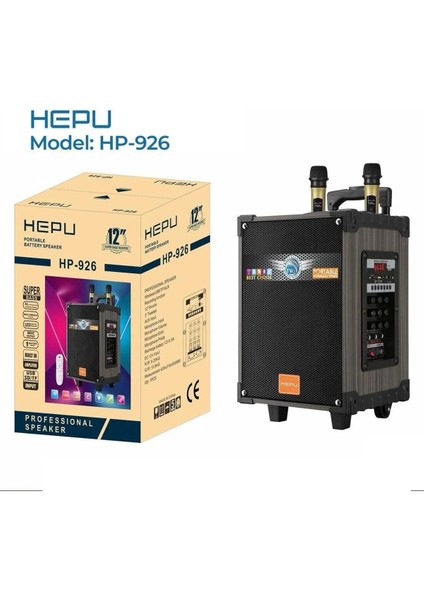 HP-926 Profesyonel 12" Amfi Taşınabilir Şarjlı Bluetooth Hoparlör - 2 Kablosuz Mikrofonlu Karaoke Seti modelleri