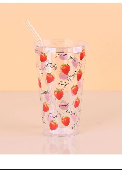 Desenli Plastik Pipetli Bardak 16 cm 1 Adet -ENF-040