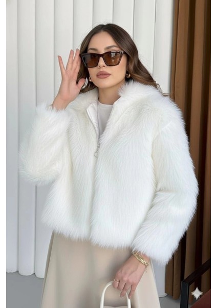 Mtxdpn Fermuarlı Kısa Kürk Beyaz T7746 (Beden: S)