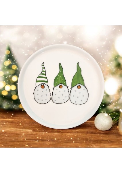 Yılbaşı Mini Cüceler Desenli Porselen Yuvarlak Mini Sunum Tabağı