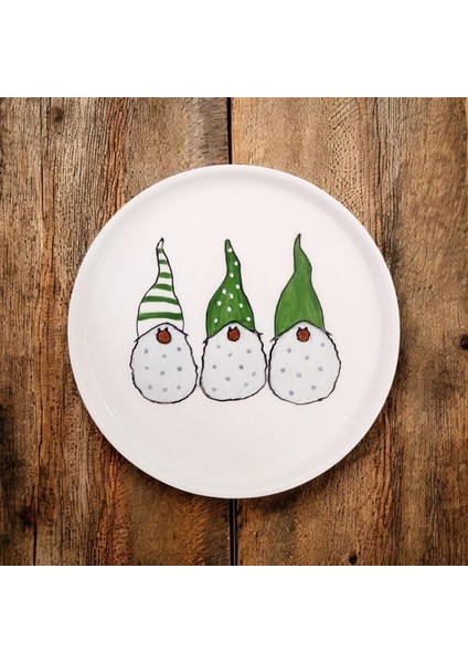 Yılbaşı Mini Cüceler Desenli Porselen Yuvarlak Mini Sunum Tabağı modelleri