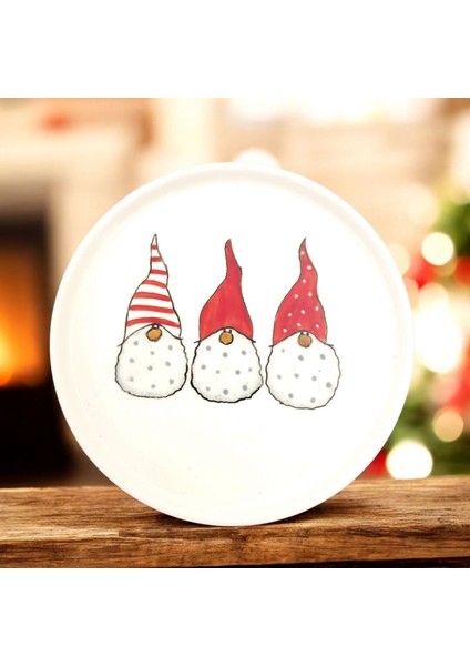 Yılbaşı Mini Cüceler Desenli Porselen Yuvarlak Mini Sunum Tabağı