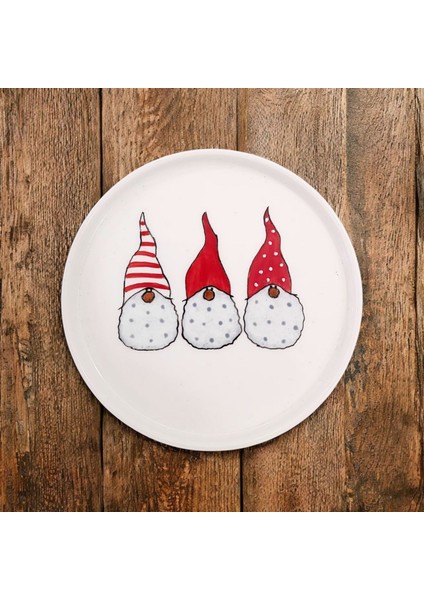 Yılbaşı Mini Cüceler Desenli Porselen Yuvarlak Mini Sunum Tabağı modelleri