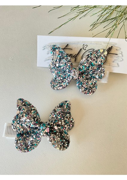 Glitter Payet Pırıtılı Gümüş Miks Renk Kelebekli 2’li Klips Toka