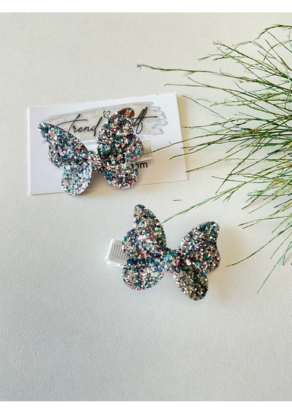 Glitter Payet Pırıtılı Gümüş Miks Renk Kelebekli 2’li Klips Toka modelleri
