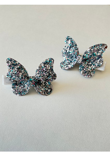 Glitter Payet Pırıtılı Gümüş Miks Renk Kelebekli 2’li Klips Toka fırsatları