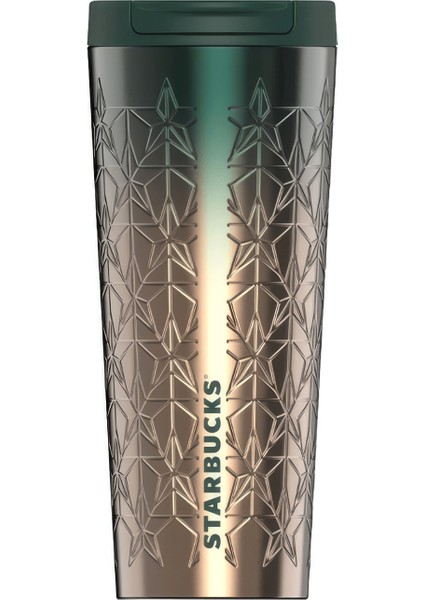 Paslanmaz Çelik Yıldız Desenli Termos Altın-Yeşil Geçişli 473ML