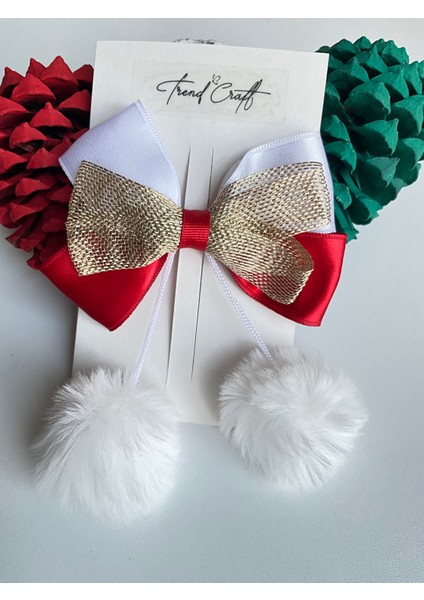 Kırmızı Beyaz ve Gold Renkli Ponponlu Özel Tasarımlı Klipsli Toka