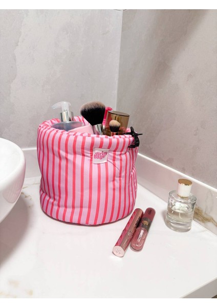 Pembe Çizgili Sıvı Geçirmez Büyük Organizer Sepet Dolap Içi Düzenleyici Makyaj Çanta Kumaş Organizer