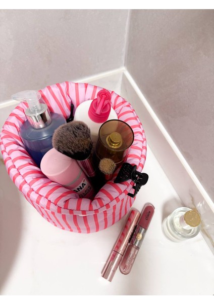 Pembe Çizgili Sıvı Geçirmez Büyük Organizer Sepet Dolap Içi Düzenleyici Makyaj Çanta Kumaş Organizer modelleri