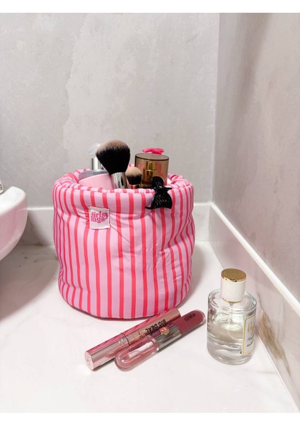 Pembe Çizgili Sıvı Geçirmez Büyük Organizer Sepet Dolap Içi Düzenleyici Makyaj Çanta Kumaş Organizer indirimleri
