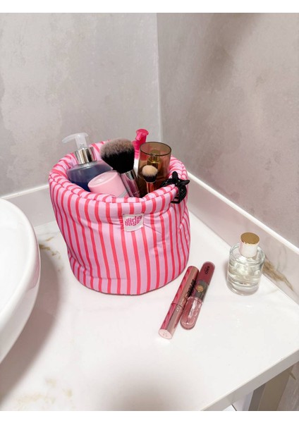 Pembe Çizgili Sıvı Geçirmez Büyük Organizer Sepet Dolap Içi Düzenleyici Makyaj Çanta Kumaş Organizer