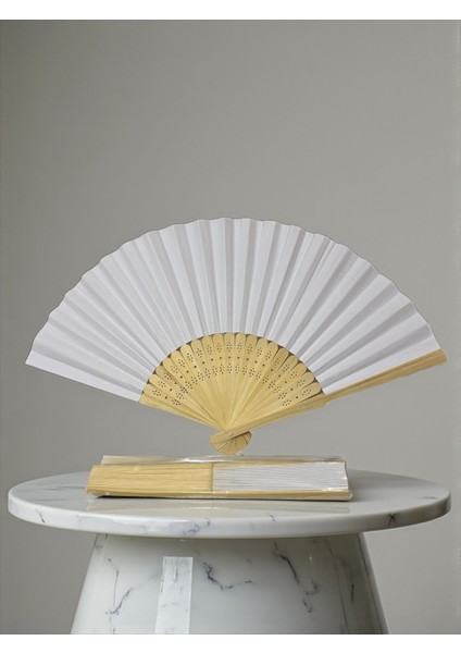 Yelpaze - Ahşap Beyaz Kağıt Yelpaze 12-Adet Düğün Kına Bride