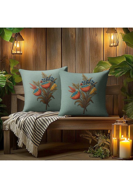 Nakış Desenli, Dijital Baskılı, Çift Taraflı Kırlent Kılıfı. 2'li Set Kırlent Kılıfı