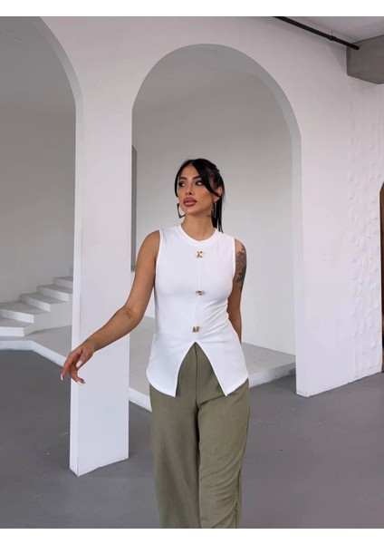 Kadın Beyaz Bisiklet Yaka Gold Düğmeli Ottoman Bluz modelleri