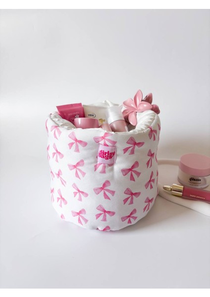 Pembe Kurdele Büyük Organizer Sepet Dolap Içi Düzenleyici Makyaj Çantası Kumaş Organizer Çanta