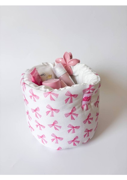 Pembe Kurdele Büyük Organizer Sepet Dolap Içi Düzenleyici Makyaj Çantası Kumaş Organizer Çanta