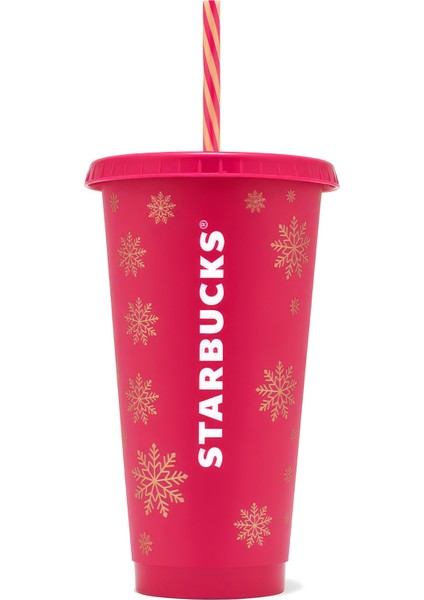 Pipetli Soğuk Içecek Bardağı Plastik Yılbaşı Özel Kar Desenli 710 ml