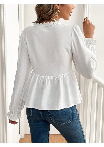 Kadın Uzun Kollu V Dantel Yaka Aerobin Bluz indirimleri
