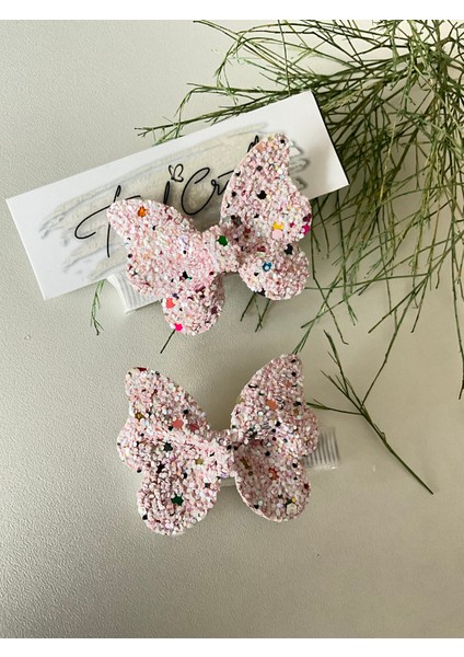 Glitter Pırıltılı Pullu Pembe Kelebekli 2’li Klips Toka