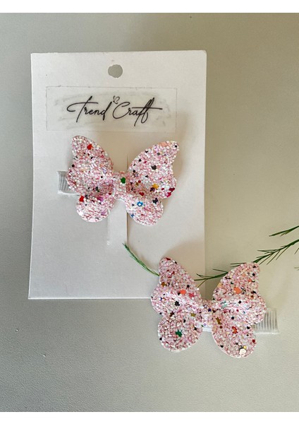 Glitter Pırıltılı Pullu Pembe Kelebekli 2’li Klips Toka modelleri