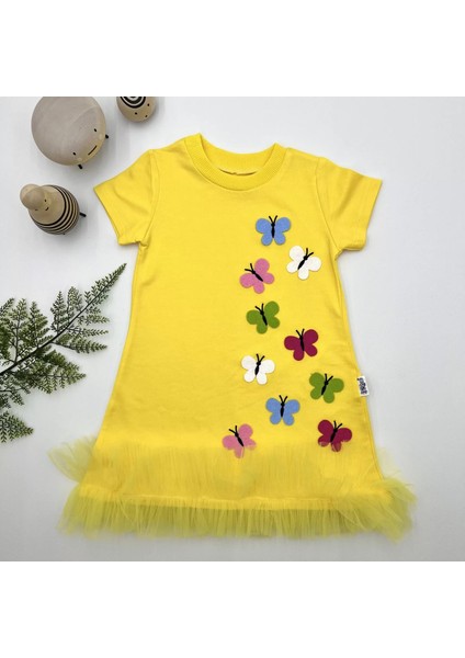1-2-3 Yaş Renkli Kelebekler Nakışlı Eteği Fırfırlı Jile Çocuk Elbisesi Sarı