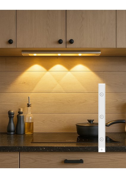 40 cm Şarjlı Hareket Sensörlü Üç Renk Modlu LED Mutfak, Tezgah Arası, Raf, Beyaz Kasa