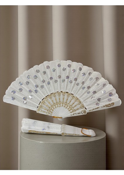 Yelpaze - Beyaz Gelin Pullu Yelpaze 12-Adet