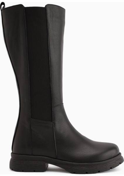 Britta Hakiki Deri Siyah Lastikli Kadın Çizme