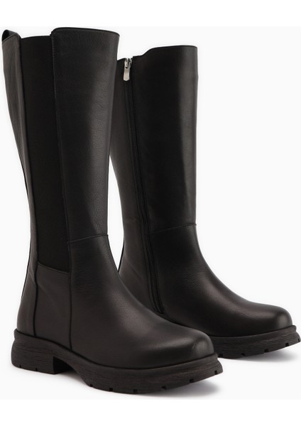 Britta Hakiki Deri Siyah Lastikli Kadın Çizme modelleri