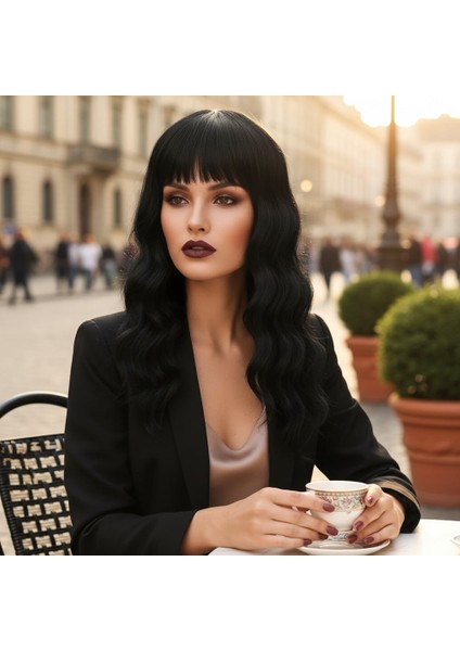 Dalgalı Kısa Perçemli Fiber Sentetik Peruk / Siyah