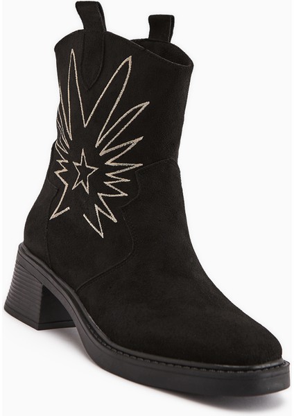 Anica Siyah Süet Nakışlı Kadın Bot