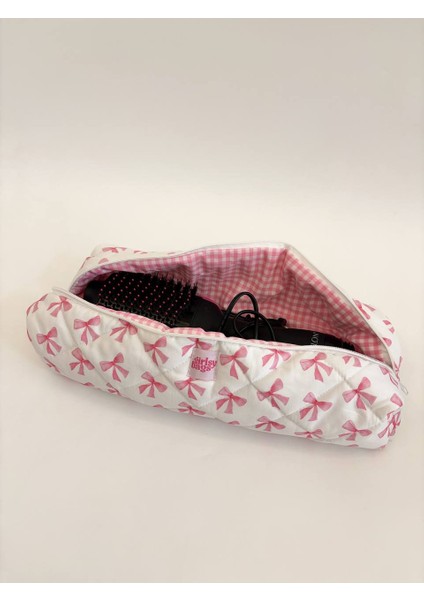 Pembe Kurdeleli Saç Maşa Düzleştirici Çantası Airwrap Airstrait Için Uyumlu Büyük Seyahat Çantası